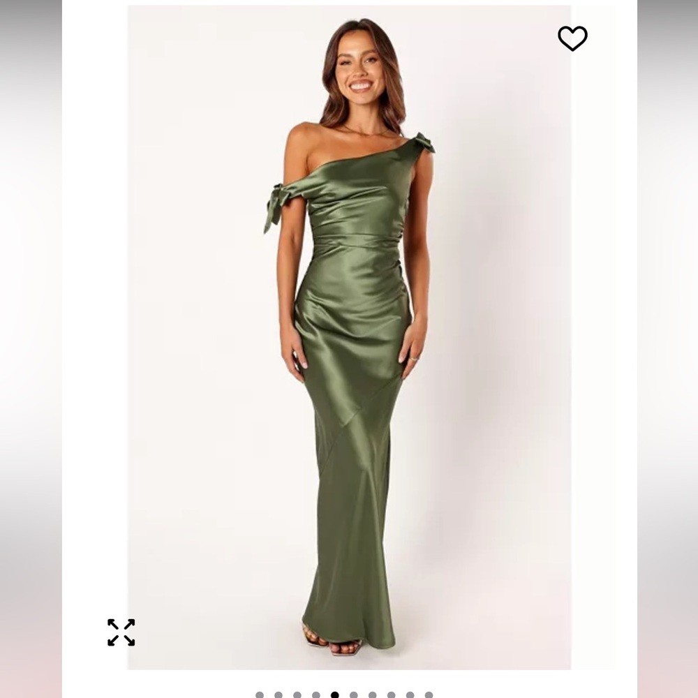 Petal & Pup Olive Green One-Shoulder Satin Gown with Shoulder Tie
